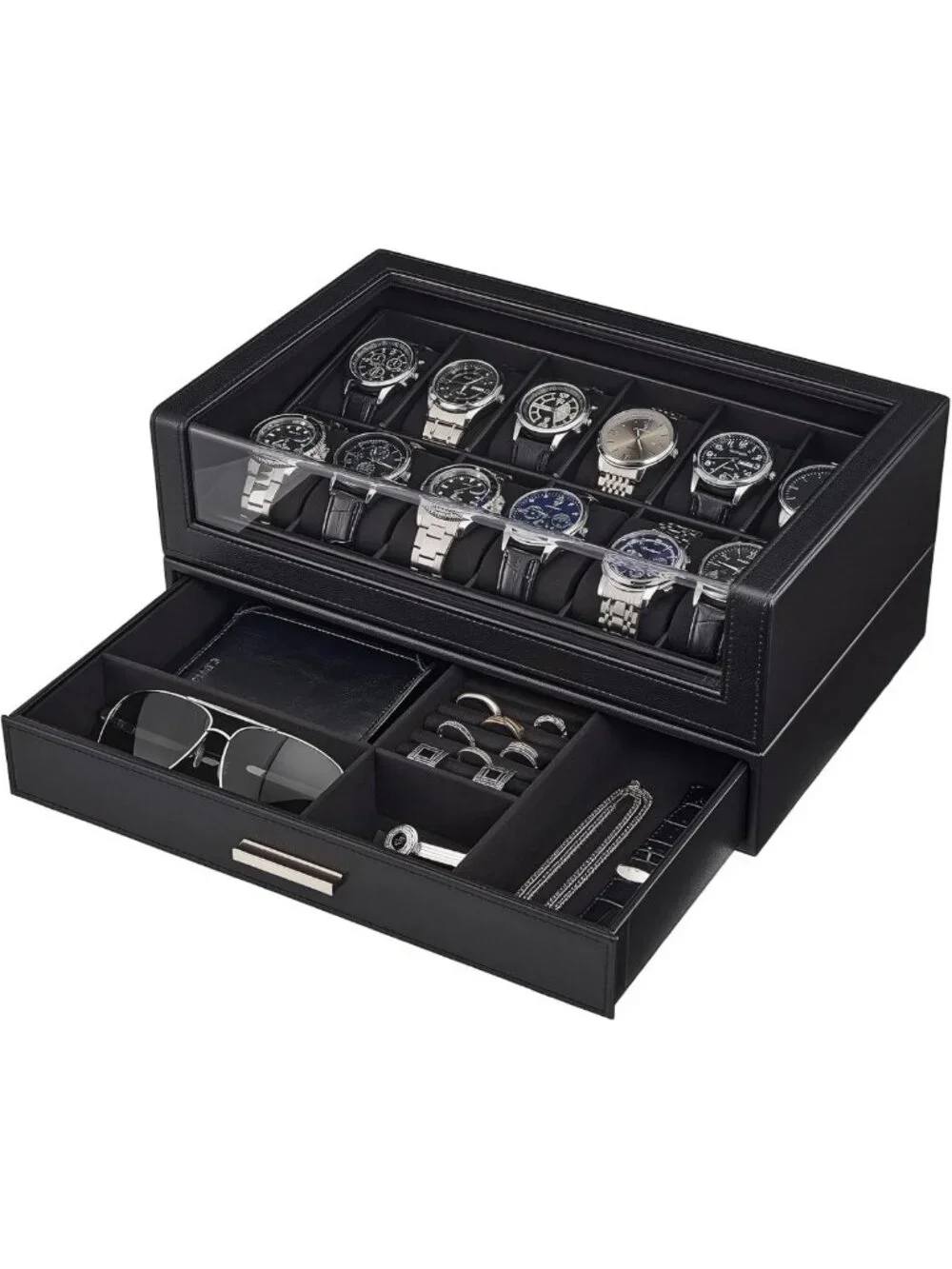 12-Slot Men's Watch Display Box - Elegant Black Storage Organizer for Watches
